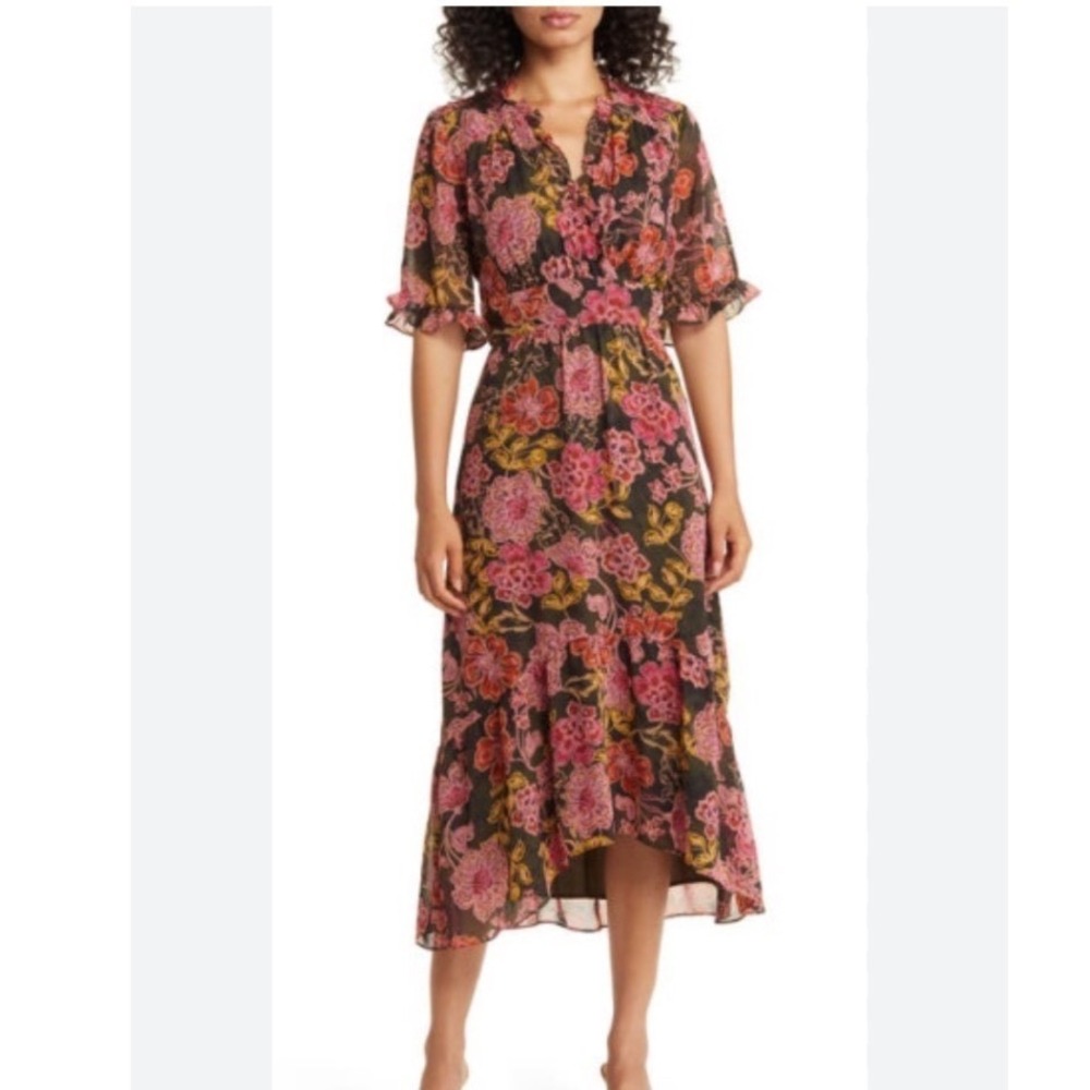 Maggy London Floral Chiffon High Low Midi Dress Size 12